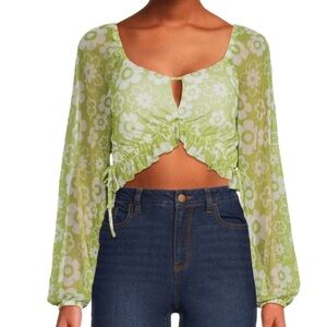 Madden NYC Top XXXL Green & White Floral Mesh Retro Mod Floral Cropped Shirt